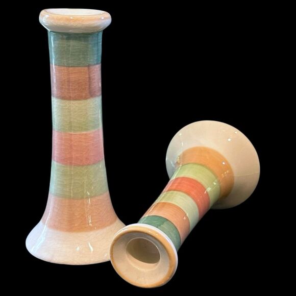 Pair of Vintage Horizontal Lines Striped Terracotta Taper/Pillar Candle Holders - Picture 8 of 8
